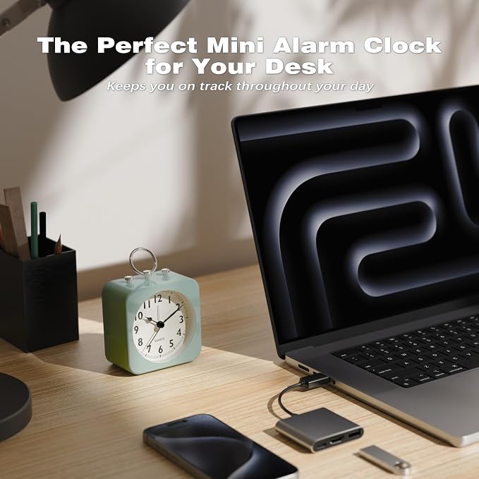 AYRELY® Small Metal Alarm Clock, Desk and Table Clock for Travel | Battery Operated Retro Silent Clock with Light for Bedroom, Bedside, Shelf and Living Room Decor (Saga Green)