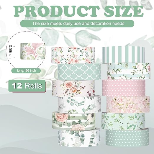 12 Rolls Watercolor Floral Washi Tape Set 15 mm Vintage Flower Decorative Masking Tape for Summer School Arts DIY Craft Scrapbook Journal Supplies Gifts(Pink and Green,Spring)