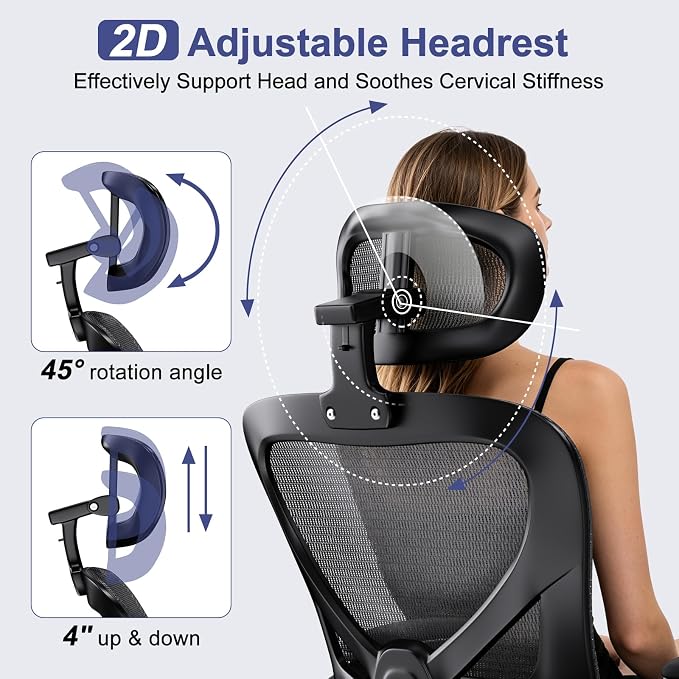 naspaluro Home Office Chair with Flip-up Armrests Adjustable Headrest Lumbar Support, Mesh Desk Chair 90-120°Rocking Chairs for Home Office, Study, Work & Gaming, Black