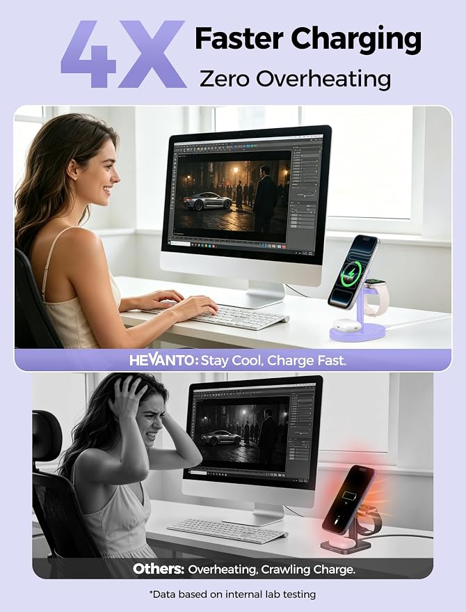 Hevanto 2026 3 in 1 Wireless Charging Station for Apple MagSafe Charger, 15W Fast Magnetic Mag-Safe Charger Stand for iPhone 17 16 15 14 13 12 Apple Watch AirPods Compatible with MagSafe, Purple