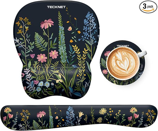 TECKNET Gel Ergonomic Mouse Pad & Keyboard Wrist Rest & Coaster | 3 in 1 Set, Pain Relief, Milk Silk Cloth, Non-Slip PU Base, Easy Typing, Memory Foam Wrist Support for Office & Home