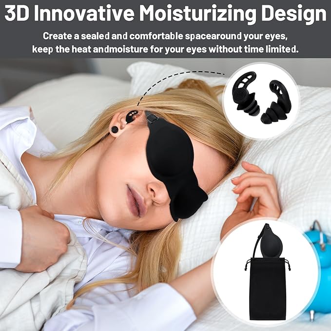 6 Pcs Black Moisture Chamber Glasses for Dry Eyes Silicone Sleep Goggles Reusable Silicone Earplugs with Storage Bags for Sleeping Noise Reduction Deep Focus Travel