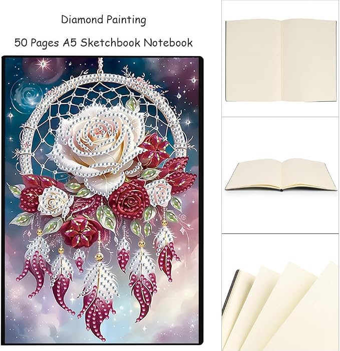 FRANDEK A5 50-Page DIY Diamond Art Painting Notebook with Beautiful Patterns, Special Shaped Diamond Art Craft for Beginners Adults Gift(Rose Dream Catcher)