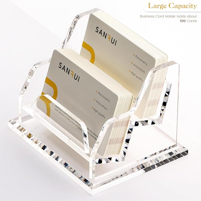 YUXUN Business Card Holder for Desk, Acrylic Business Card Display Stand with 2 Slot, Office Desk Accessories for Man &Woman,100 Cards Capcity, Clear