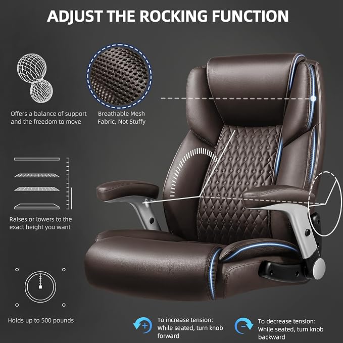 VITESSE 600lbs Big and Tall Office Chair with Flip up Armrest, Large Heavy Duty with Ergonomic Lumbar Support, Executive Office Chair for Heavy People with Rubber Wheel(Brown)
