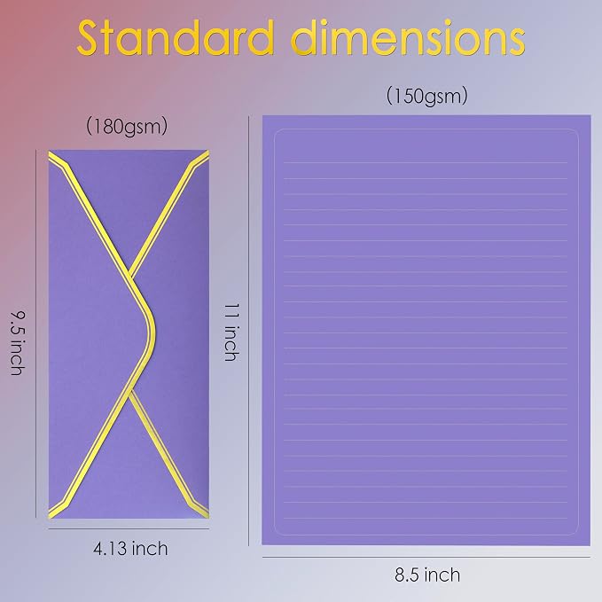 J6&H6 Gold Thread Stationary Paper and Envelopes Set Including 12 Standard Sized Phnom Penh Envelopes and 24 Sheets of Lined Paper Suitable for Daily Emotional Expression Formal Communication(purple)