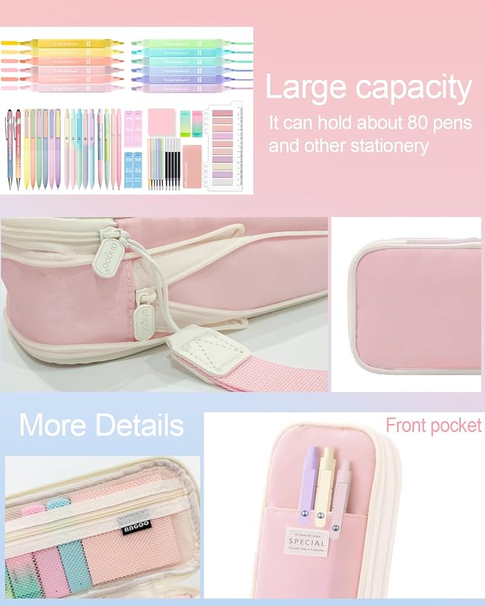53PCS Aesthetic Office Supplies with Large Pencil Case,12 Pastel Highlighters,5 Black & 6 Color Ink Gel Pens,2 Inspirational Stylus Ballpoint Pens,4 Mechanical Pencils 0.5-0.7mm College Essentials