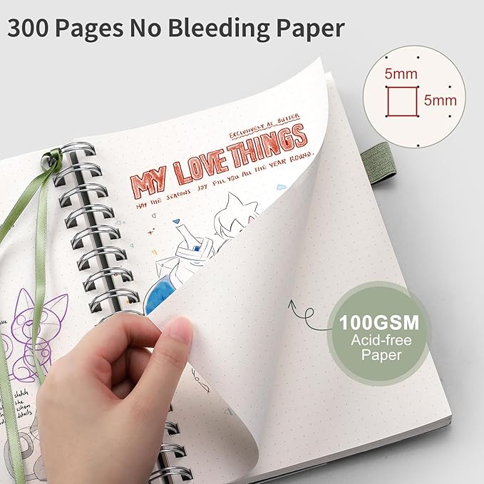 EMSHOI Spiral Notebook B5 Dotted journal, Dotted Grid Notebook with 300 Pages, 100gsm Thick Paper, 7.48" × 10.15", Waterproof Softcover Notebook for Journaling Writing - Light Green