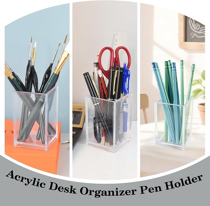 10 Pack Clear Acrylic Pen Holders For Desk, Pencil Cup Makeup Brush Holders | Square Acrylic Pen Cups For Pens, Markers And Makeup Brushes; Desktop Organizer For Office, School, Home And Vanity Supplies