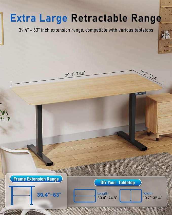 264 lbs Capacity Dual Motor Electric Height Adjustable Standing Desk Frame | Sit Stand up Desk Legs Base for 39.4” to 74.8” Desktop, Anti-Collision Function, Cable Tray, 2 Hooks, Black Frame Only