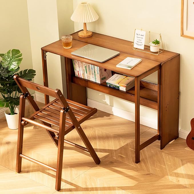 Modern Folding Computer Desk, Walnut, 39 Inch, Natural Bamboo