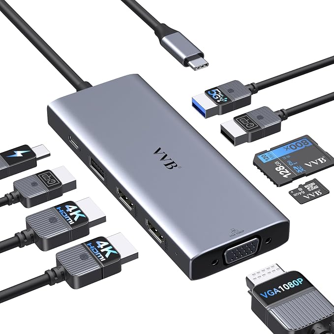 USB C Docking Station Dual Monitor Adapter Laptop Docking Station 3 Monitor | USB C Hub Multiple Adapter Dongle with Dual 2 HDMI 4K+VGA+100W PD Charger+3 USB Port+SD/TF Card Reader for Dell HP Lenovo