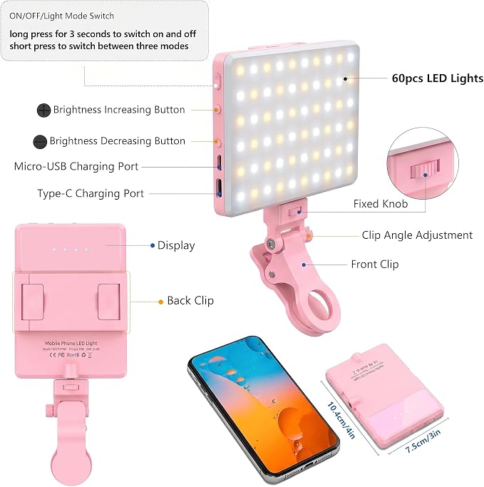 Selfie Light, Phone Light with Front & Back Clip, 60 LED Portable Light with 3 Modes, 5000mAh Rechargeable Video Light for Phone, iPhone, IPad, Laptop, TikTok, Makeup, Lighting Monolights(Pink)