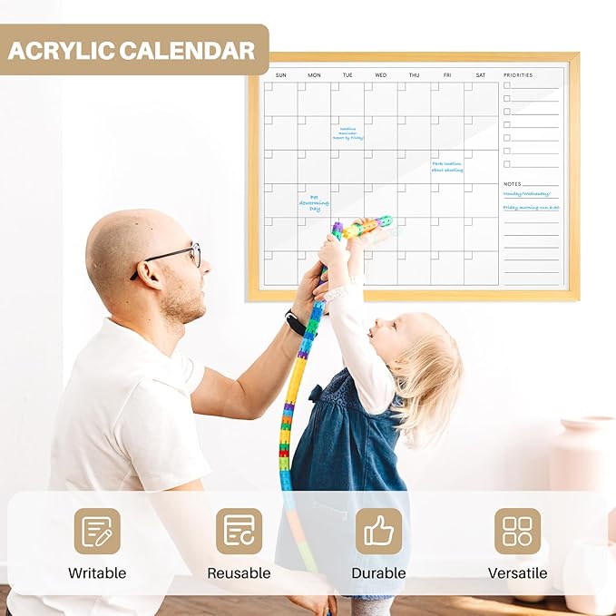 Large Acrylic Calendar for Wall, 24" X 18" Wood Grains Frame Clear Acrylic Wall Calendar, Clear Wet & Dry Erase Board Hanging Monthly Planner for Office, Home or School