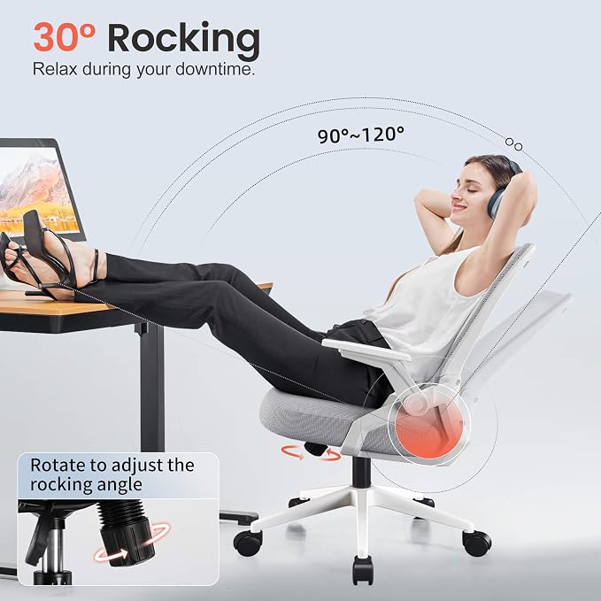 COMHOMA Office Chair with Flip-up Armrests Ergonomic Computer Desk Chair with Adaptive Lumbar Support & Breathable Mesh, Gray