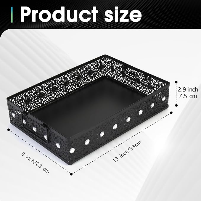 Desk Drawer Organizer, A4 Large Metal Mesh Desk Rrganizer Tray, Versatile Storage Box Set for Office Home Supplies,Carved Hollow Floral Desk Tray, 13 x 9 inches (2, Rhinestones)