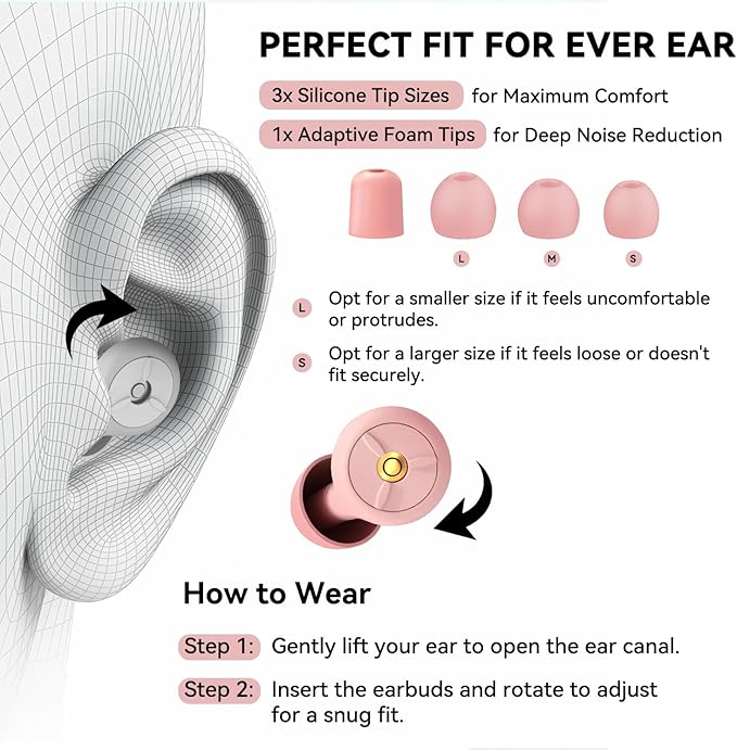 Ear Plugs for Sleeping Noise Cancelling, 24-30dB Ear Plugs for Noise Reduction, Hearing Protection, Silicone Soft Reusable EarPlugs for Sleep, Concert, Focus with Case & 4 Pair Eartips