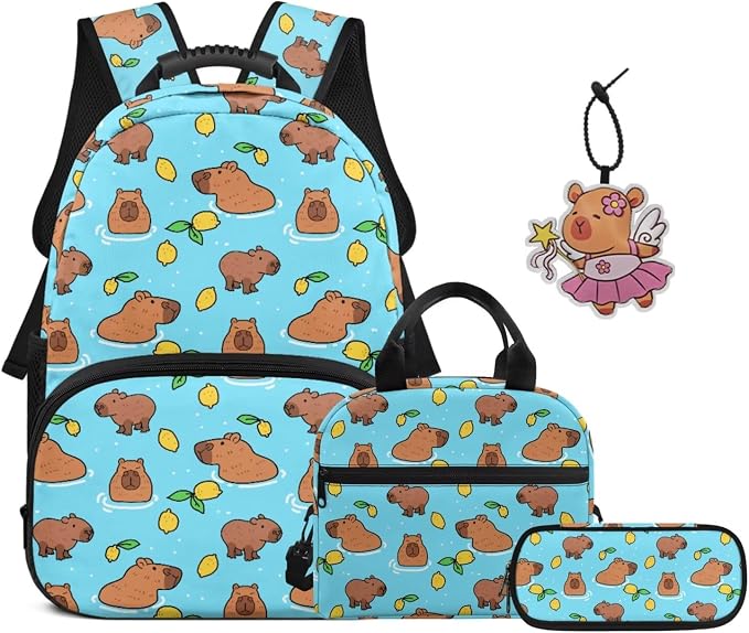 ZFRXIGN Little Capybara Kids Backpack for Boys 8-12 10-12 Bookbag with Cute Pendant 17inch Girls School Bag and Insulated Lunch Box Pencil Case Blue Bagpack Set