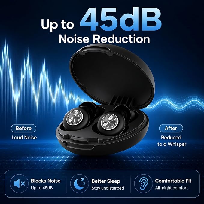 45dB Ear Plugs for Sleeping, Soft Silicone for Side Sleepers, 4 Sizes | Reusable soft silicone with XS/S/M/L sizes for side sleepers, concerts, flights and hotels; carrying case included.