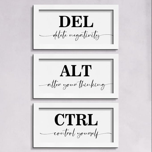 Pinetree Art Motivational Wall Art for Office Decor, CTRL ALT DEL Framed Inspirational Positive Quotes Canvas Print (white, 6"x12"x3)