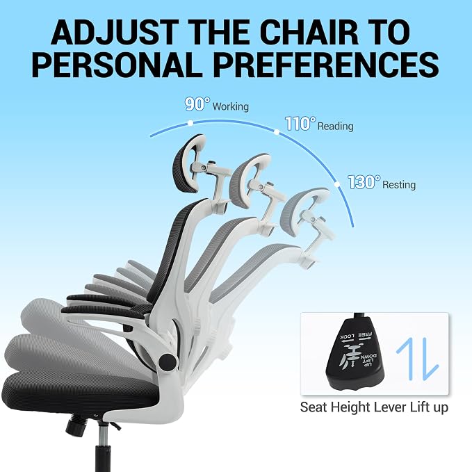 Ergonomic Office Chair with Flip-up Arms, Grey | Home Desk Chair w/ Coat Hook, Adjustable Headrest and Lumber Support, Mesh Computer Gaming Chair, 330 LBS