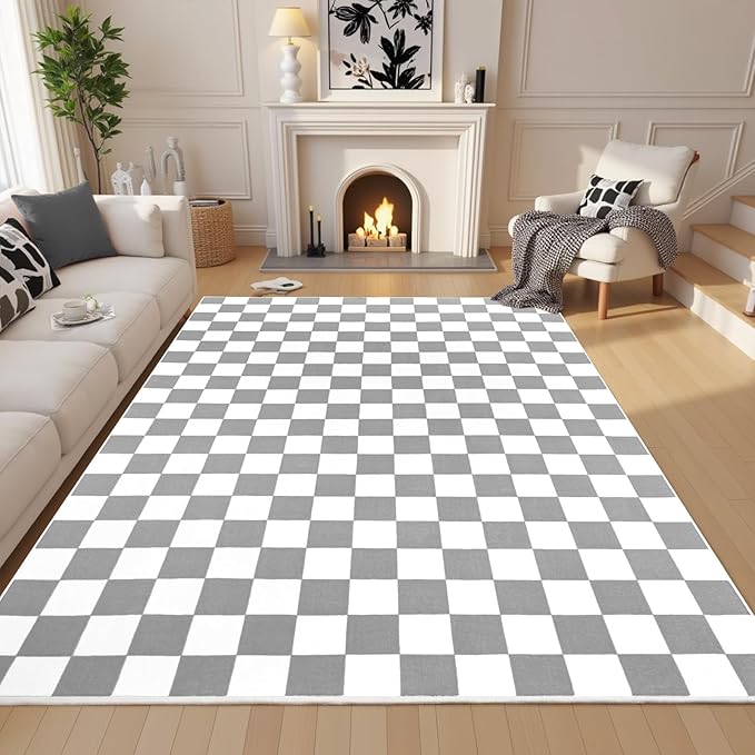 Terrug Grey and White Checkered Rug for Living Room,8x10 Area Rugs Washable with Non Slip for Bedroom,Soft Low Pile Stain Resistance Retro Carpet for Dorm Kids Room
