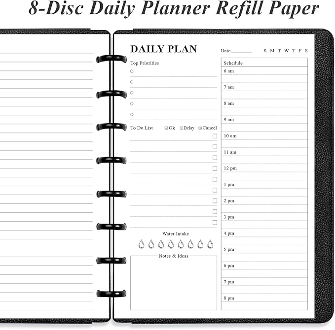 Junior Size To Do List Insert - 8-Disc Discbound Undated Daily Planner Refill for A5 Binder,100 Sheets/200 Pages Planner and Lined Refill, 100 gsm White Paper, 5.8'' x 8.3''