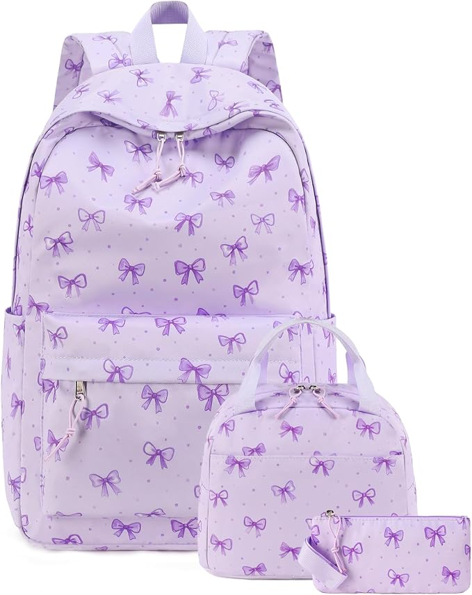 Bluboon Teen Girls School Backpack Kids Bookbag Set with Lunch Box Pencil Case Travel Laptop Backpack Casual Daypacks (Beige bow tie)
