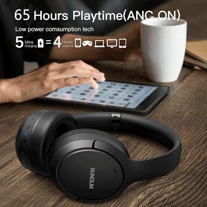 RUNOLIM Hybrid Active Noise Cancelling Headphones, Wireless Over Ear Bluetooth Headphones with Microphone, 100H Playtime, Foldable Headphone with HiFi Audio, Deep Bass for Home Travel Office