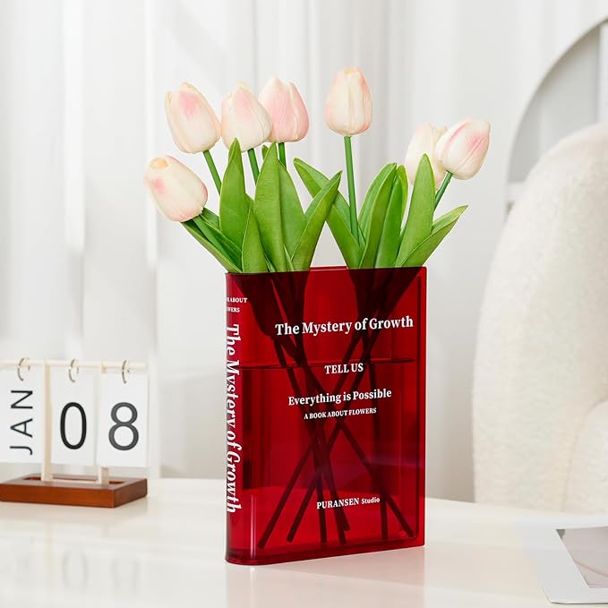 Puransen Red Book-Shaped Vase for Flowers - Aesthetic Room Decor for Modern Home/Office, Minimalist Shelf Organizer with Floral Display, for Book Lovers & Interior Design Enthusiasts