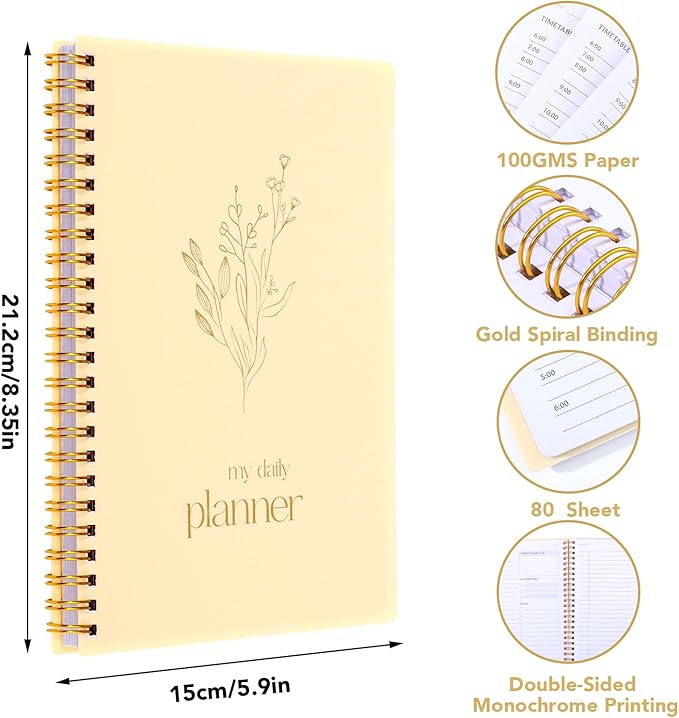Undated Daily Planner with Hourly Schedule, 5.71" X 8.35" Daily To DO List Noteboook Set Goals A5 Daily Personal Organizer Notepad School Work Office Improve Efficiency Planner, Light Brown