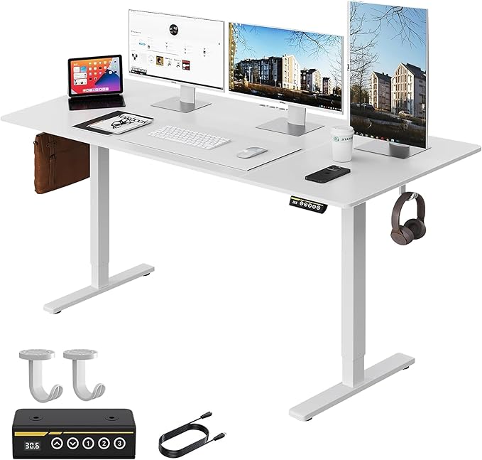 Large Electric Standing Desk,63x28 Inches Adjustable Height Stand up Desk, Sit Stand Home Office Desk, 3 Preset Heights,Equipped with Hooks,Ergonomic Computer Desk Workstation，White