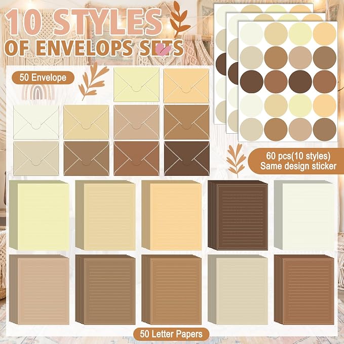 TaoBary 160 Packs Stationery Paper Set (50 Double Sided Stationery Writing Papers 50 Matching Envelopes) 60 Round Dot Sticker, 10 Design (5.5 x 8.25 Inch,Brown Color)