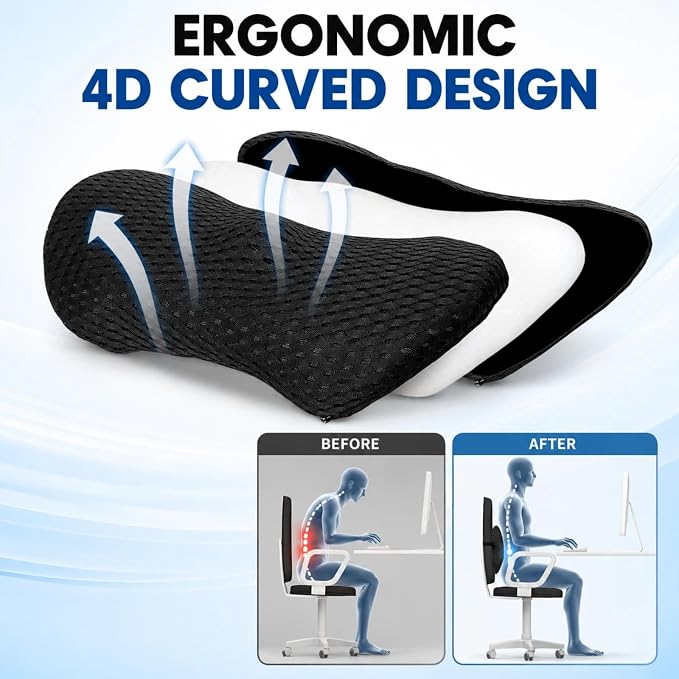 Lumbar Support Pillow for Office Chair – Ergonomic Memory Foam Lower Back Cushion with Breathable 4D Mesh & Adjustable Strap, Back Support for Car Seat, Desk Chair & Gaming Chair