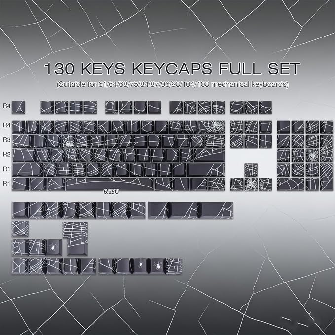 Tsungup Keycaps 130 Keys PBT Cool Spider Web Side Print Custom Keycaps,Cherry Profile Key Caps Keyboard Keycap Set for Cherry MX Switches Mechanical Keyboard(Black)