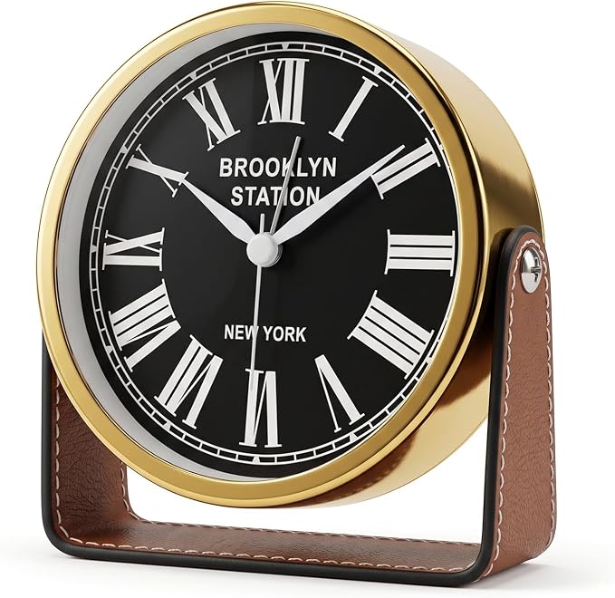 Analog Alarm Clock - 4.5" Silent Non Ticking Small Clock with Light, Rotatable Stand Metal Desk Clock Battery Operated, Simple Design for Living Room Decor/ Bedroom/Bedside/Shelf (Gold & Brown)