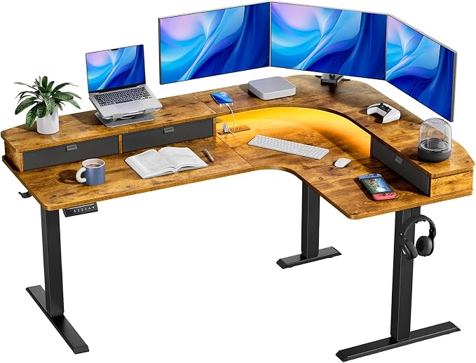 HUANUO 65″ L Shaped Standing Desk with 3 Drawers, Vintage Brown | Built-in Power Outlets, LED Strip, Smooth Electric Height Adjustment, 4 Memory Presets, 220 lbs Capacity, Power Strip Holder