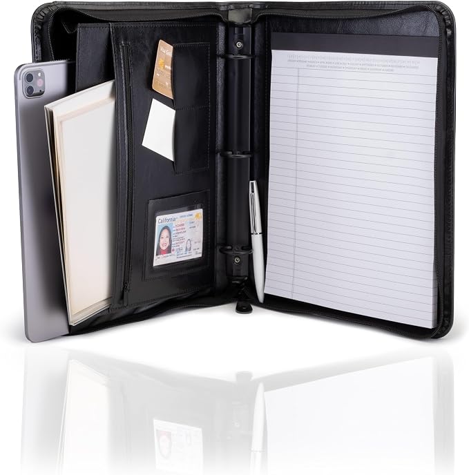 Travigo 3-Ring Zipper Portfolio Binder | 1.25" Faux Leather Padfolio with Zipper for Women & Men | Professional Business Portfolio Folder with Writing Pad, Gusseted File Pocket, ID Window (Black)