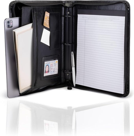 Travigo 3-Ring Zipper Portfolio Binder | 1.25" Faux Leather Padfolio with Zipper for Women & Men | Professional Business Portfolio Folder with Writing Pad, Gusseted File Pocket, ID Window (Black)
