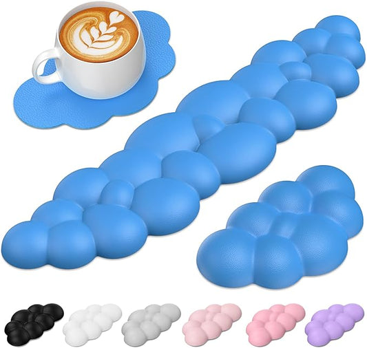 TECKNET Cloud Keyboard Wrist Rest Set, Cloud Wrist Rest with Non-Slip Base, PU Leather Wrist Pad for Keyboard with Ergonomic Memory Foam for Computer Laptop Office Gaming and Pain Relief, Blue