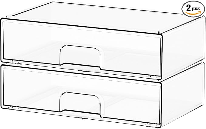 12.1''W Clear Stackable Storage Drawers,2 Pack Acrylic Drawer Organizer for Hair Accessories,Makeup Organizers,Plastic Organizer Bins for Vanity,Bathroom,Cabinet,Desktop,Office Supply Organizer