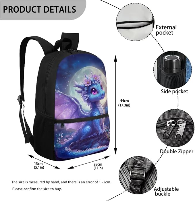 WELLFLYHOM Cute Dragon Backpack for School Girls 6-8 4 in 1 Book Bag with Lunch Box Pencil Case Water Bottle Sleeve Moon Elementary Students School Bag Set Kids Back to School Supplies