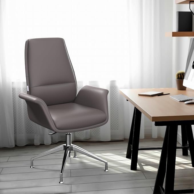 LeisureMod Mid-Century Modern Swivel Office Chair, Adjustable Height with Faux Leather Seat and Aluminum Frame (Grey, Set of 2)