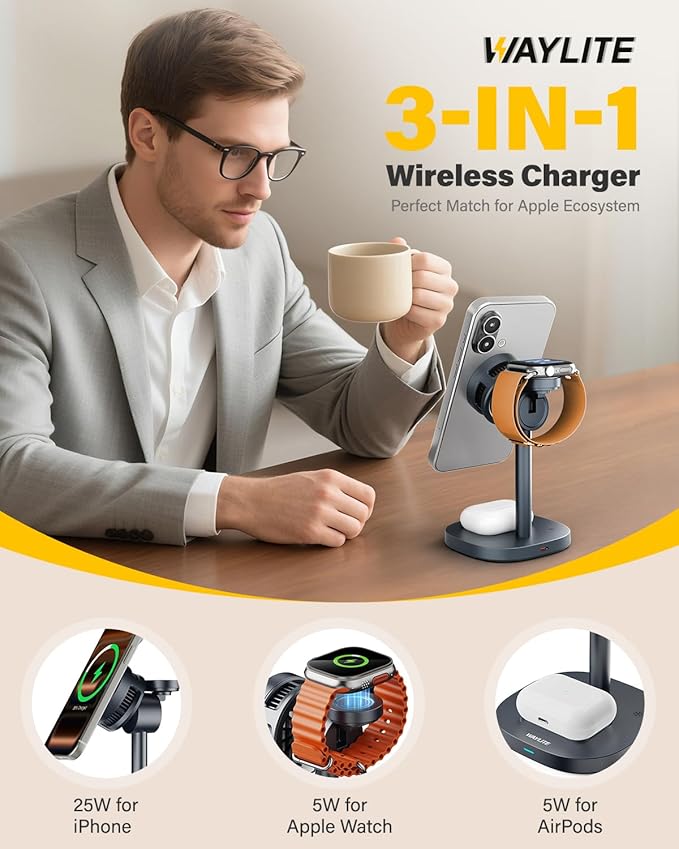 25W Fast Wireless Charger Stand for Apple MagSafe Charger, 3 in 1 Charging Station with TEC Cooling, QI2.2 Magnetic Wireless Charger for iPhone17/16/15/14/13/12, Apple Watch, AirPods, Gifts for Men