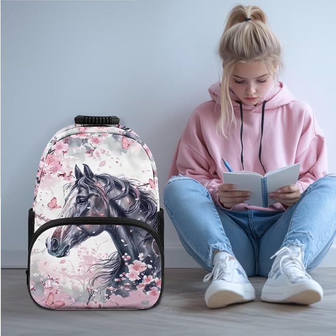 Ystardream Elementary Backpack for Girls Cherry Blossom Horse Kids Backpack with Lunch Box Water Bottle Sleeve Kids School Bookbag with Spacious Interior Storage for Student Book Bag Set