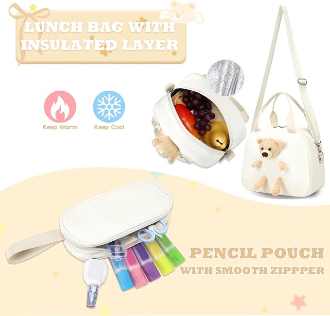 ACESAK School Backpack for Girls - 3 PCS Cute Girls Backpack with Lunch Box & Pencil Case - Kawaii Casual Kids Bookbag School Bag Daypacks Set for Elementary Middle High School Student Teens (Beige)