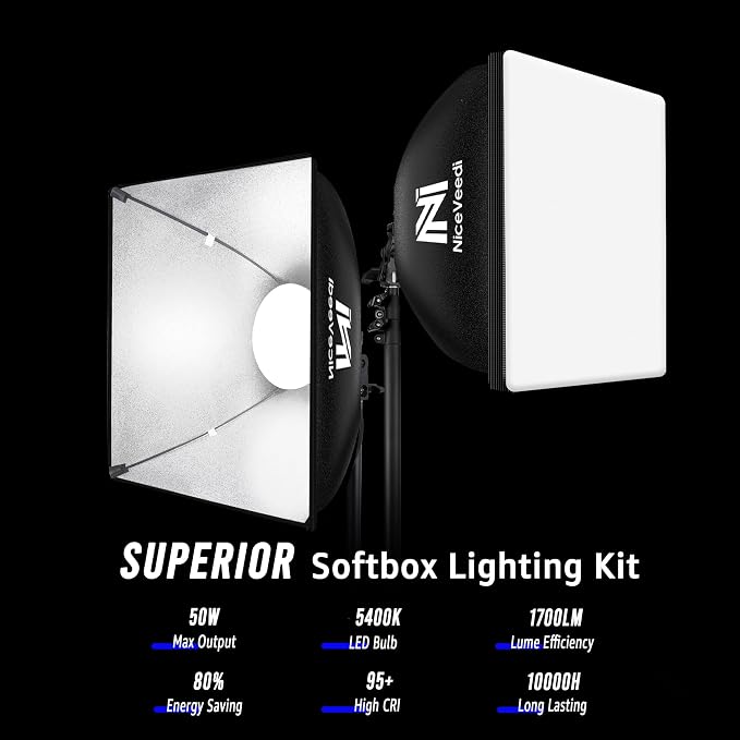 Softbox Lighting Kit, NiceVeedi 2-Pack 16'' x 16'' Softbox Photography Lighting Kit with 63” Tripod Stand & 5400K 450W Equivalent LED Bulb, Continuous Lighting for Photography/Video Record