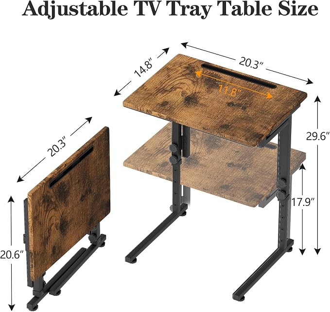 Adjustable Folding TV Tray, C-Shaped FoldableTable for Couch, Brown | Heavy-duty steel frame, No assembly needed, Height adjustable, Folds flat for storage, For Small Space, Living room