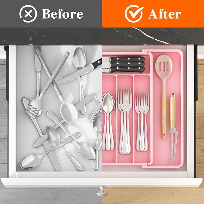 Lifewit Silverware Drawer Organizer, Expandable Utensil Tray for Kitchen, BPA Free Flatware and Cutlery Holder, Adjustable Plastic Storage for Spoons Forks Knives, 10.9"-17.5" x 13.7", Pink