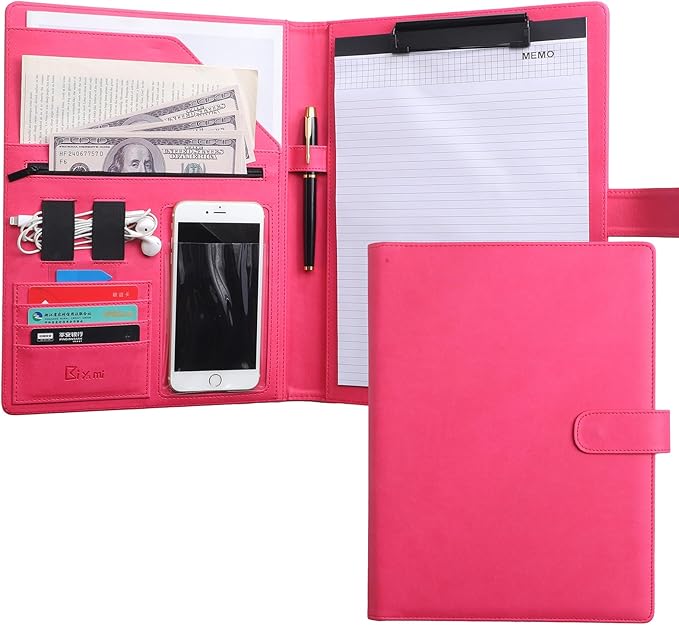 12.8 * 9.6 inch Portfolio Case Business Padfolio, Smart Phone is Usable in Document Organizer, Conference File Folder with A4/Letter Size Clipboard and Notepad - Hot Pink